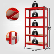 Regal za težke obremenitve HEAVY, max. 875 kg, 90×40×180 cm, rdeča