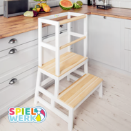 Učni stolp s stopničkami, borovina, 93x56x49cm, bela/naravno rjava