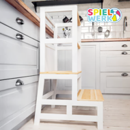 Učni stolp s stopničkami, borovina, 93x56x49cm, bela/naravno rjava