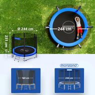Trampolin z varnostno mrežo JUMP, Ø244cm, črno/modra