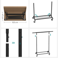 Stojalo za oblačila INEZ na kolesih, maks. 90kg, 83,5x45x160cm, črna