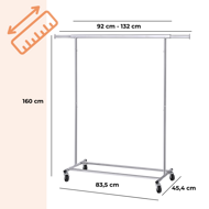 Stojalo za oblačila INEZ na kolesih, maks. 90kg, 83,5x45x160cm, srebrn