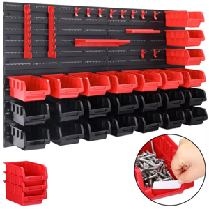 Viseči organizator za delavnico ORDERBOX s 28 škatlami in držali za orodje, 64x2x38 cm, rdeča/črna