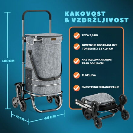 Nakupovalna torba na kolesih za stopnice COMFORT, 50l, siva