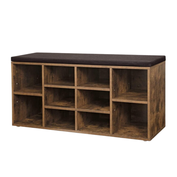 Omarica za čevlje s tapecirano klopjo GABI, 10 predalov, 104x30x48cm, temno rjava/črna