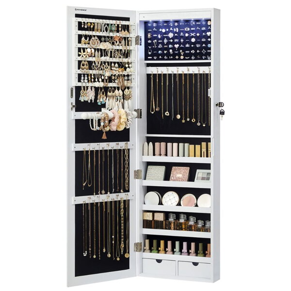 Stenska omarica za nakit z ogledalom JEWELIA z LED osvetlitvijo, 10x37x120 cm, bela