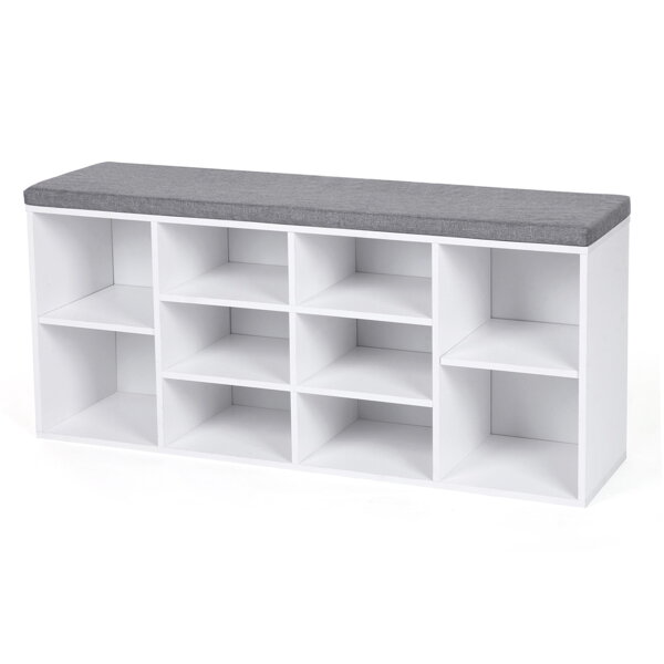 Omarica za čevlje s tapecirano klopjo GABI, 10 predalov, 104x30x48cm, bela/siva
